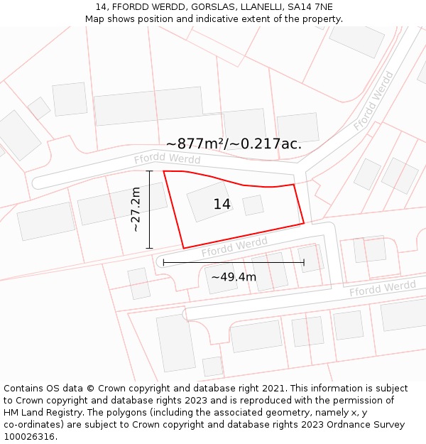 14, FFORDD WERDD, GORSLAS, LLANELLI, SA14 7NE: Plot and title map