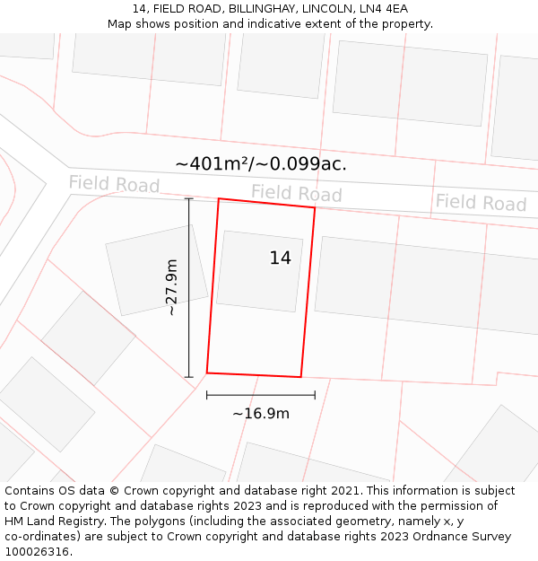 14, FIELD ROAD, BILLINGHAY, LINCOLN, LN4 4EA: Plot and title map