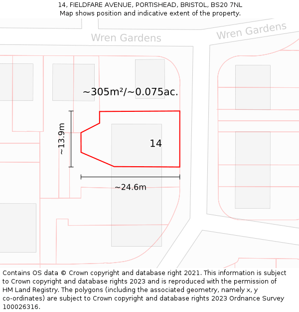 14, FIELDFARE AVENUE, PORTISHEAD, BRISTOL, BS20 7NL: Plot and title map