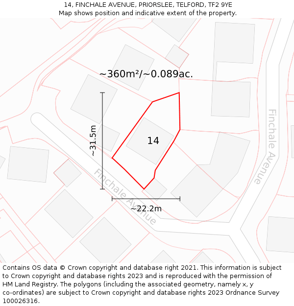 14, FINCHALE AVENUE, PRIORSLEE, TELFORD, TF2 9YE: Plot and title map