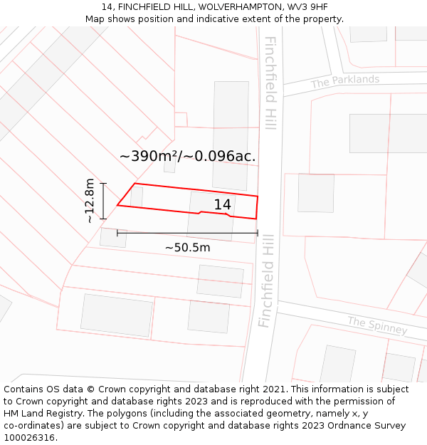 14, FINCHFIELD HILL, WOLVERHAMPTON, WV3 9HF: Plot and title map