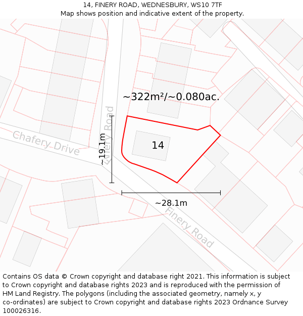 14, FINERY ROAD, WEDNESBURY, WS10 7TF: Plot and title map