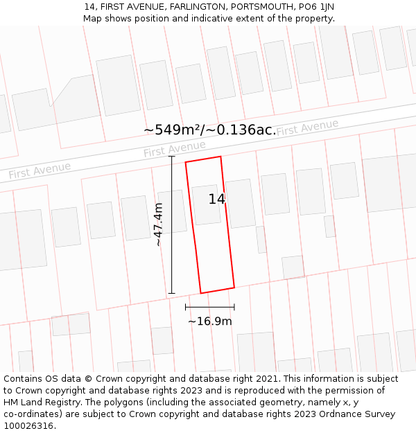 14, FIRST AVENUE, FARLINGTON, PORTSMOUTH, PO6 1JN: Plot and title map