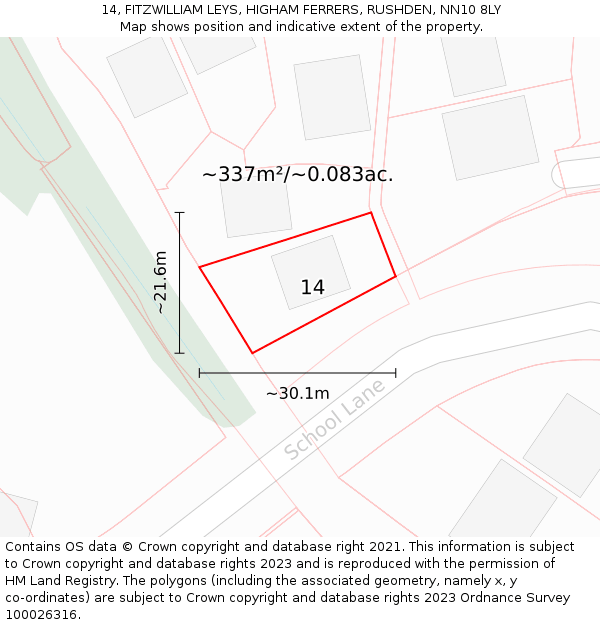 14, FITZWILLIAM LEYS, HIGHAM FERRERS, RUSHDEN, NN10 8LY: Plot and title map
