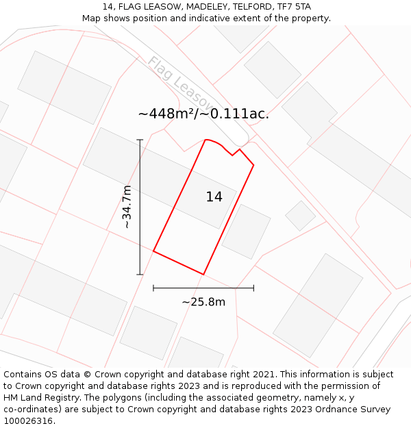 14, FLAG LEASOW, MADELEY, TELFORD, TF7 5TA: Plot and title map