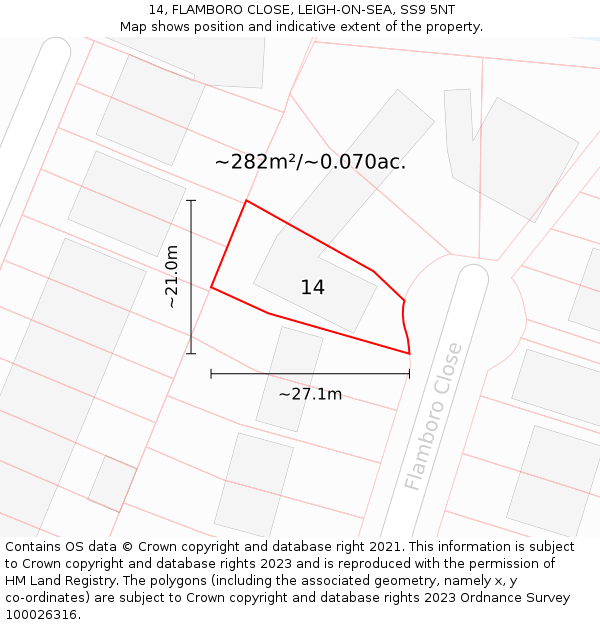 14, FLAMBORO CLOSE, LEIGH-ON-SEA, SS9 5NT: Plot and title map