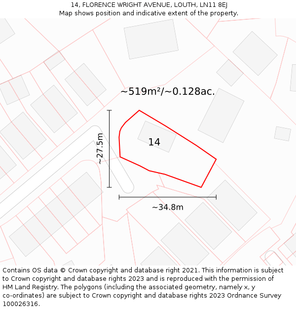 14, FLORENCE WRIGHT AVENUE, LOUTH, LN11 8EJ: Plot and title map