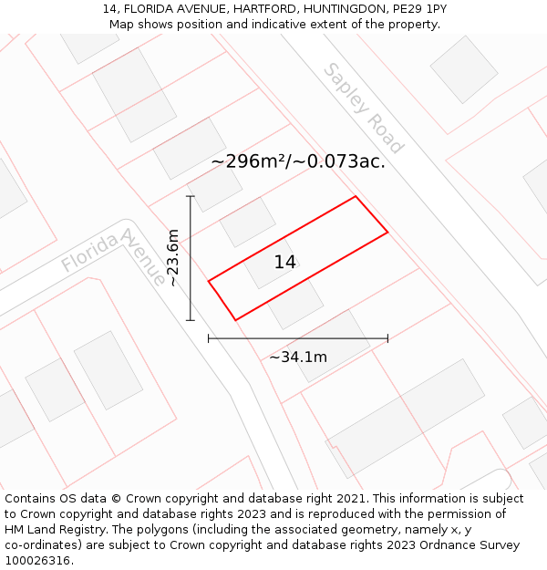 14, FLORIDA AVENUE, HARTFORD, HUNTINGDON, PE29 1PY: Plot and title map