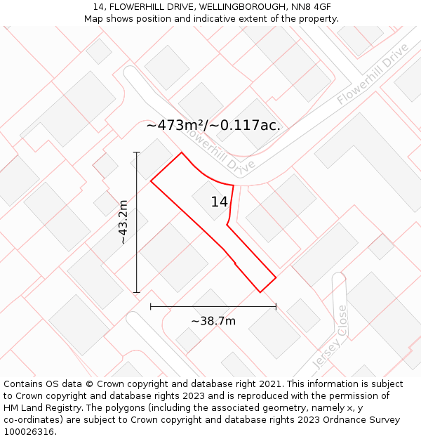 14, FLOWERHILL DRIVE, WELLINGBOROUGH, NN8 4GF: Plot and title map