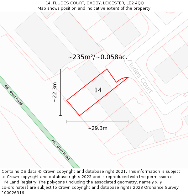 14, FLUDES COURT, OADBY, LEICESTER, LE2 4QQ: Plot and title map