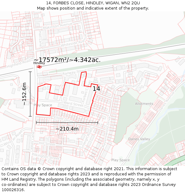 14, FORBES CLOSE, HINDLEY, WIGAN, WN2 2QU: Plot and title map