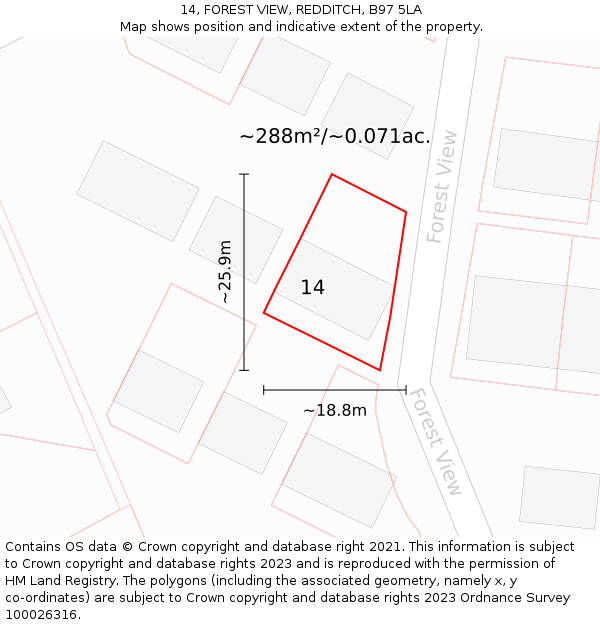 14, FOREST VIEW, REDDITCH, B97 5LA: Plot and title map