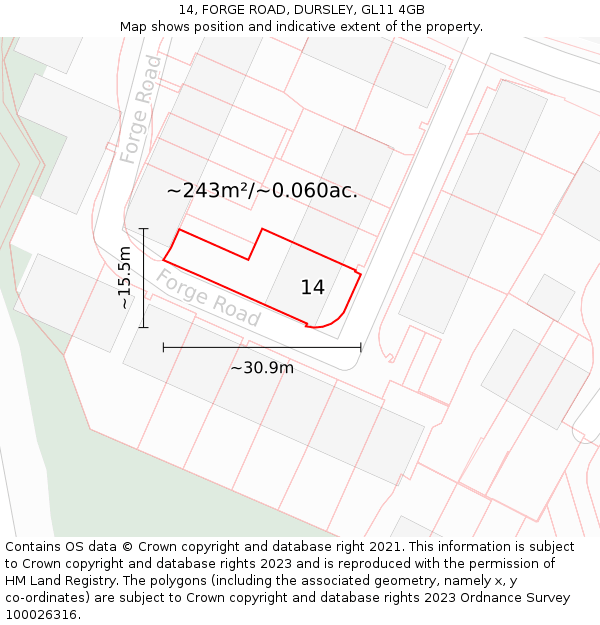 14, FORGE ROAD, DURSLEY, GL11 4GB: Plot and title map