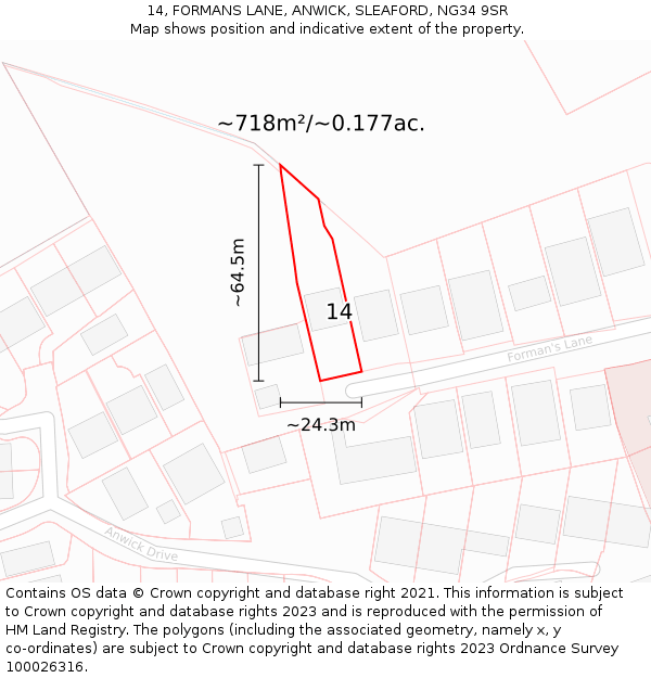 14, FORMANS LANE, ANWICK, SLEAFORD, NG34 9SR: Plot and title map