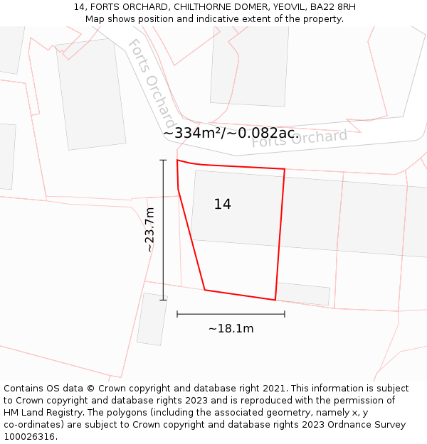 14, FORTS ORCHARD, CHILTHORNE DOMER, YEOVIL, BA22 8RH: Plot and title map