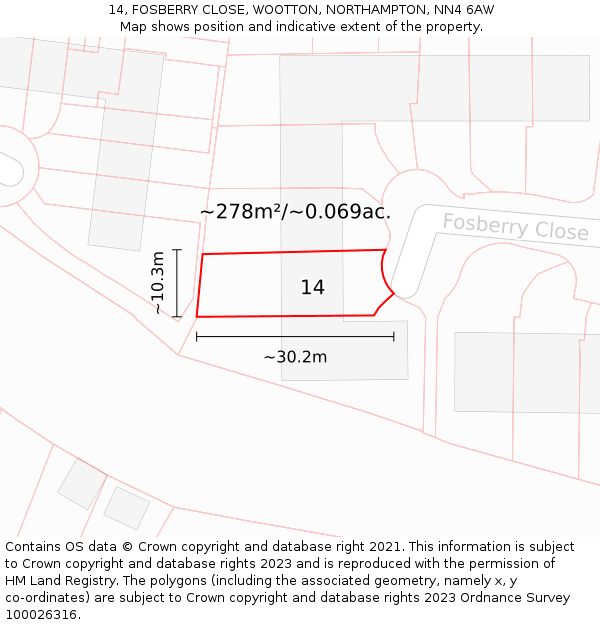 14, FOSBERRY CLOSE, WOOTTON, NORTHAMPTON, NN4 6AW: Plot and title map