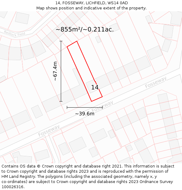 14, FOSSEWAY, LICHFIELD, WS14 0AD: Plot and title map