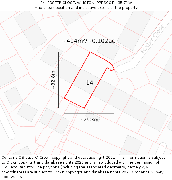 14, FOSTER CLOSE, WHISTON, PRESCOT, L35 7NW: Plot and title map