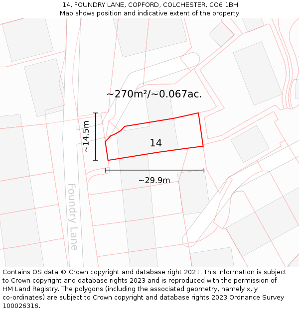 14, FOUNDRY LANE, COPFORD, COLCHESTER, CO6 1BH: Plot and title map