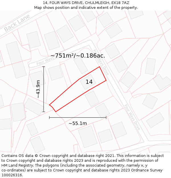 14, FOUR WAYS DRIVE, CHULMLEIGH, EX18 7AZ: Plot and title map