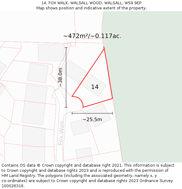 14, FOX WALK, WALSALL WOOD, WALSALL, WS9 9EP: Plot and title map