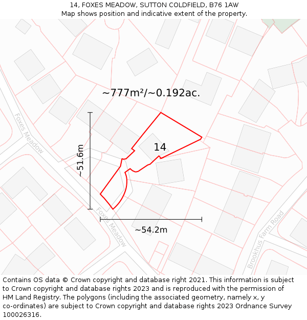 14, FOXES MEADOW, SUTTON COLDFIELD, B76 1AW: Plot and title map