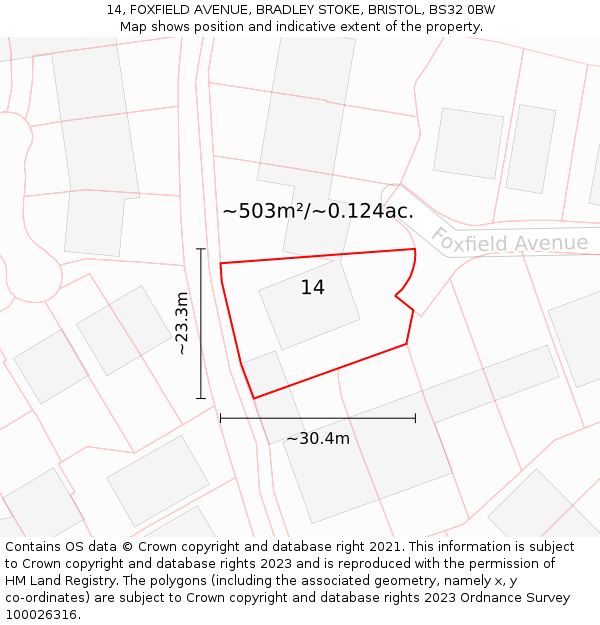 14, FOXFIELD AVENUE, BRADLEY STOKE, BRISTOL, BS32 0BW: Plot and title map