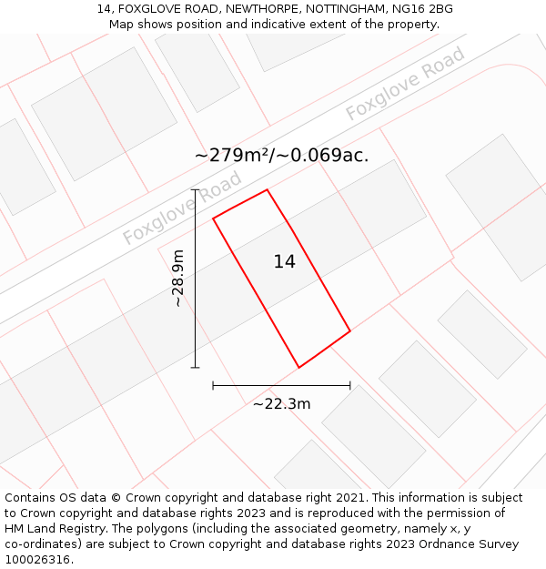 14, FOXGLOVE ROAD, NEWTHORPE, NOTTINGHAM, NG16 2BG: Plot and title map