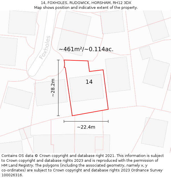 14, FOXHOLES, RUDGWICK, HORSHAM, RH12 3DX: Plot and title map