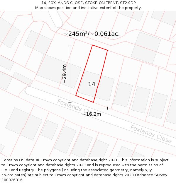 14, FOXLANDS CLOSE, STOKE-ON-TRENT, ST2 9DP: Plot and title map