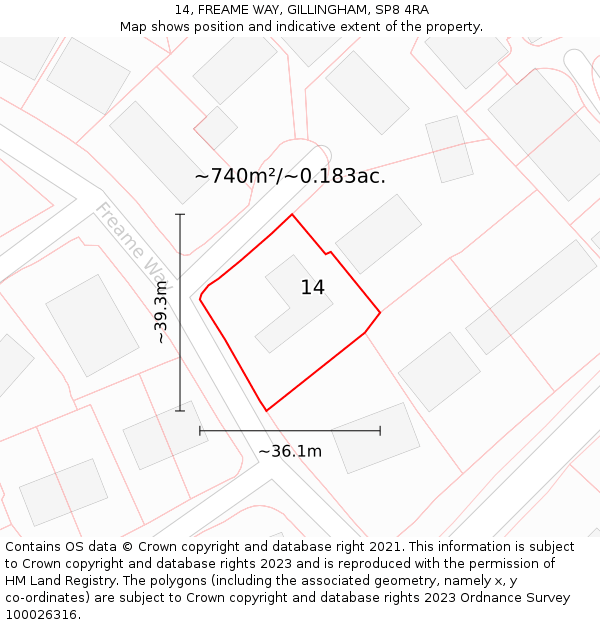 14, FREAME WAY, GILLINGHAM, SP8 4RA: Plot and title map