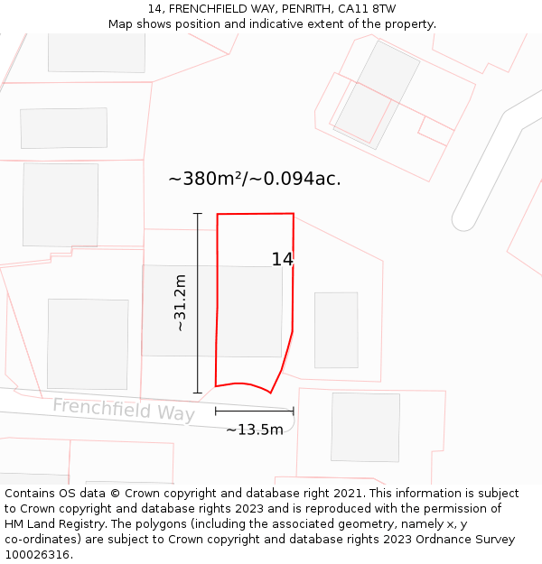 14, FRENCHFIELD WAY, PENRITH, CA11 8TW: Plot and title map