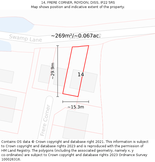 14, FRERE CORNER, ROYDON, DISS, IP22 5RS: Plot and title map