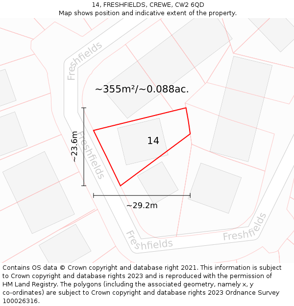 14, FRESHFIELDS, CREWE, CW2 6QD: Plot and title map