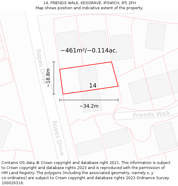 14, FRIENDS WALK, KESGRAVE, IPSWICH, IP5 2FH: Plot and title map
