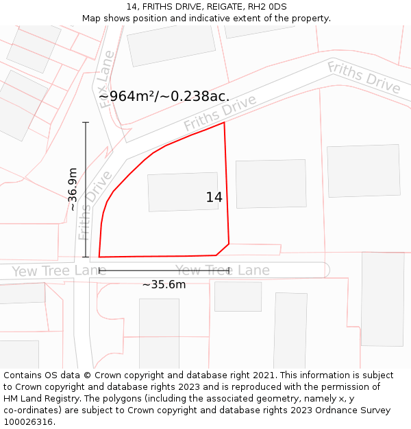 14, FRITHS DRIVE, REIGATE, RH2 0DS: Plot and title map