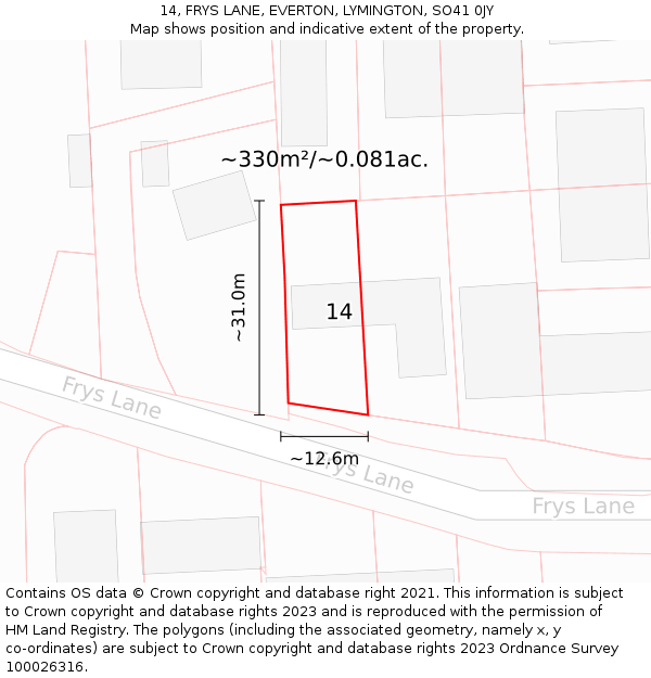 14, FRYS LANE, EVERTON, LYMINGTON, SO41 0JY: Plot and title map