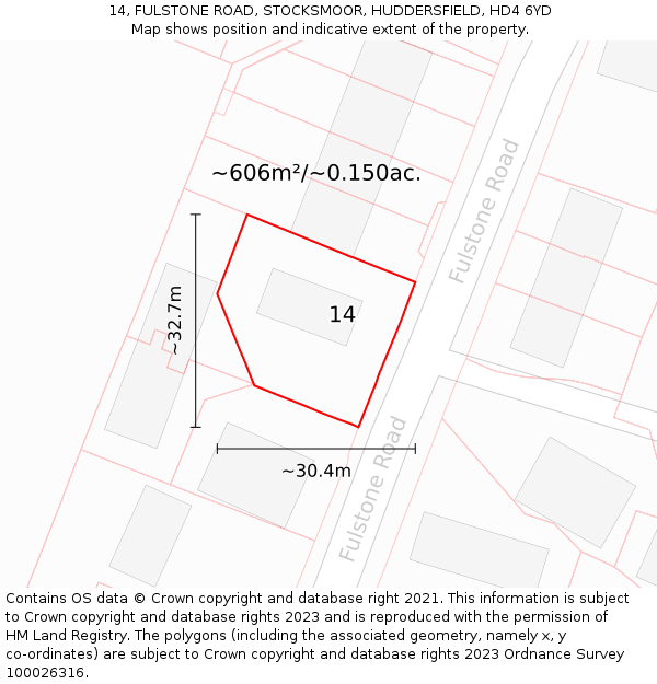 14, FULSTONE ROAD, STOCKSMOOR, HUDDERSFIELD, HD4 6YD: Plot and title map