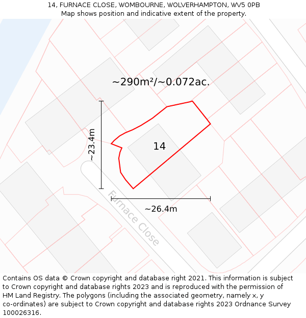 14, FURNACE CLOSE, WOMBOURNE, WOLVERHAMPTON, WV5 0PB: Plot and title map