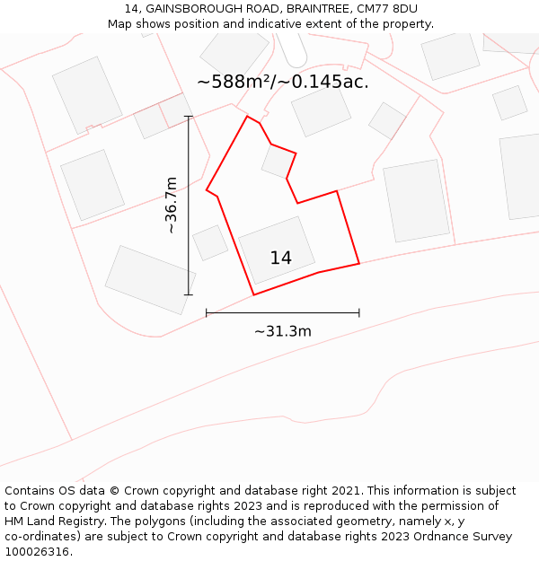 14, GAINSBOROUGH ROAD, BRAINTREE, CM77 8DU: Plot and title map