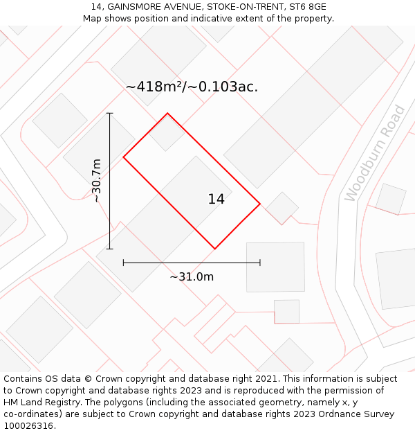 14, GAINSMORE AVENUE, STOKE-ON-TRENT, ST6 8GE: Plot and title map