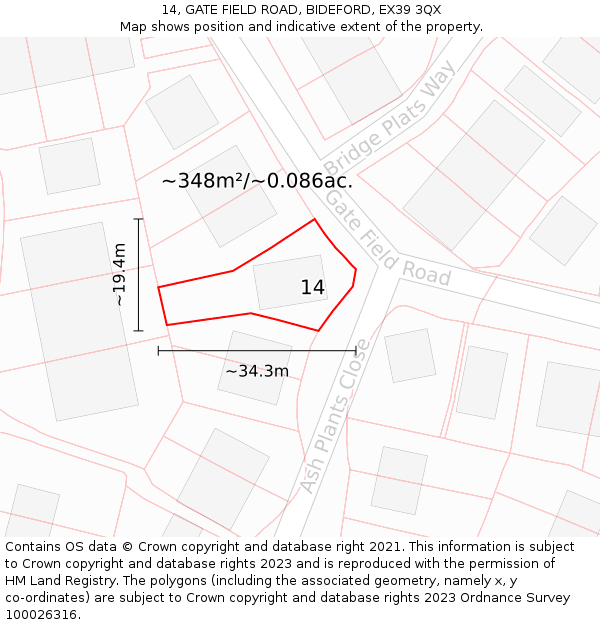 14, GATE FIELD ROAD, BIDEFORD, EX39 3QX: Plot and title map