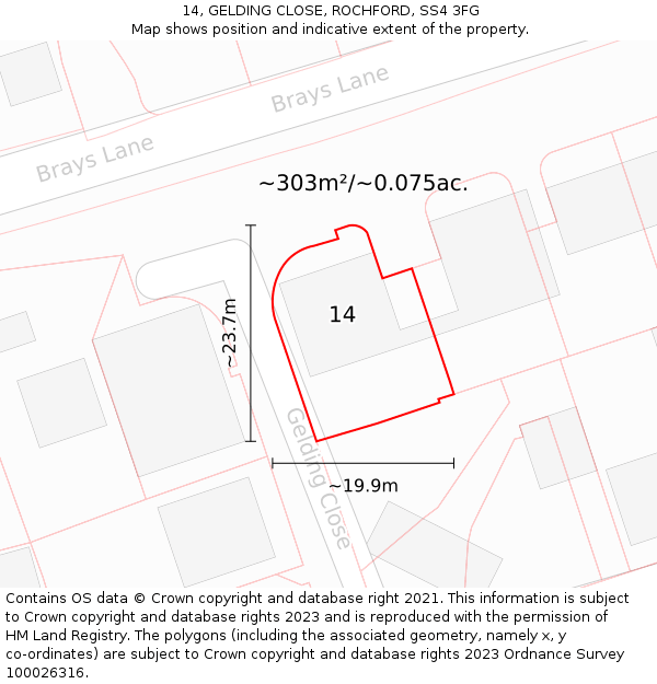 14, GELDING CLOSE, ROCHFORD, SS4 3FG: Plot and title map