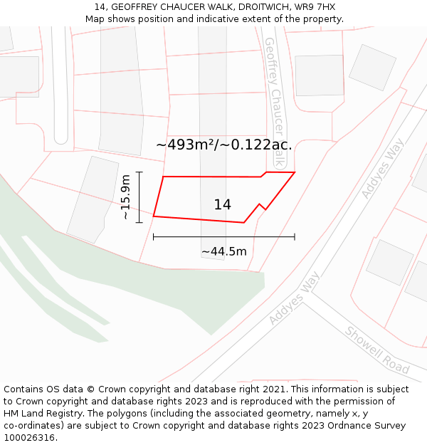 14, GEOFFREY CHAUCER WALK, DROITWICH, WR9 7HX: Plot and title map