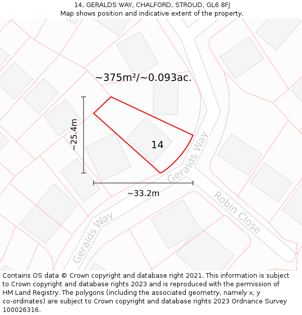 14, GERALDS WAY, CHALFORD, STROUD, GL6 8FJ: Plot and title map