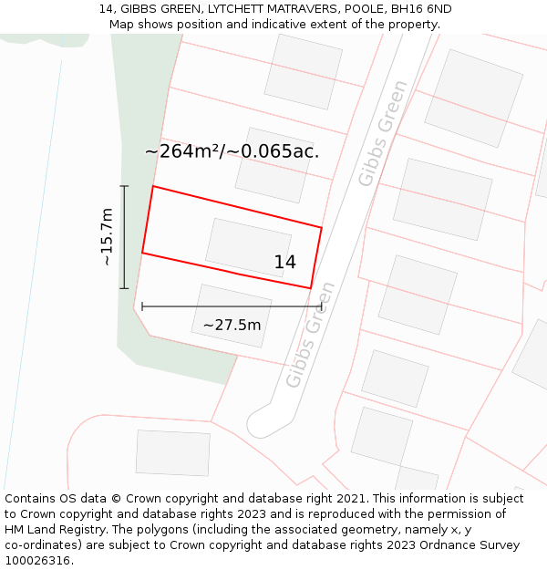 14, GIBBS GREEN, LYTCHETT MATRAVERS, POOLE, BH16 6ND: Plot and title map