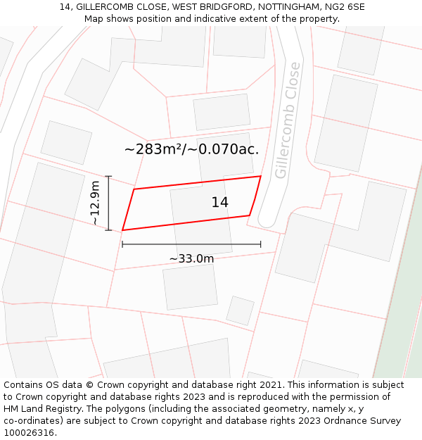 14, GILLERCOMB CLOSE, WEST BRIDGFORD, NOTTINGHAM, NG2 6SE: Plot and title map