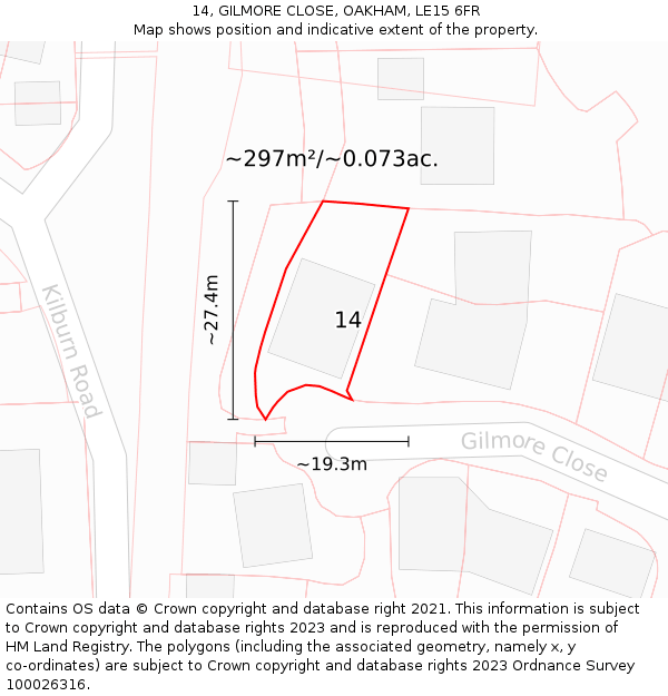 14, GILMORE CLOSE, OAKHAM, LE15 6FR: Plot and title map
