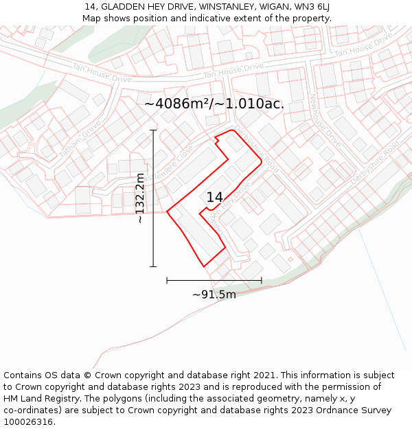 14, GLADDEN HEY DRIVE, WINSTANLEY, WIGAN, WN3 6LJ: Plot and title map