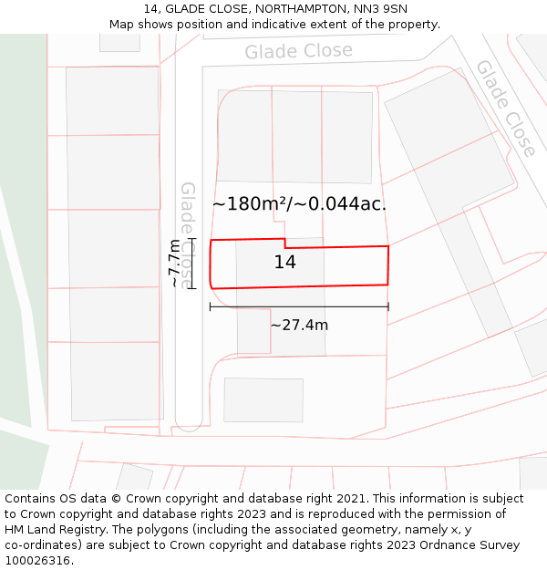 14, GLADE CLOSE, NORTHAMPTON, NN3 9SN: Plot and title map